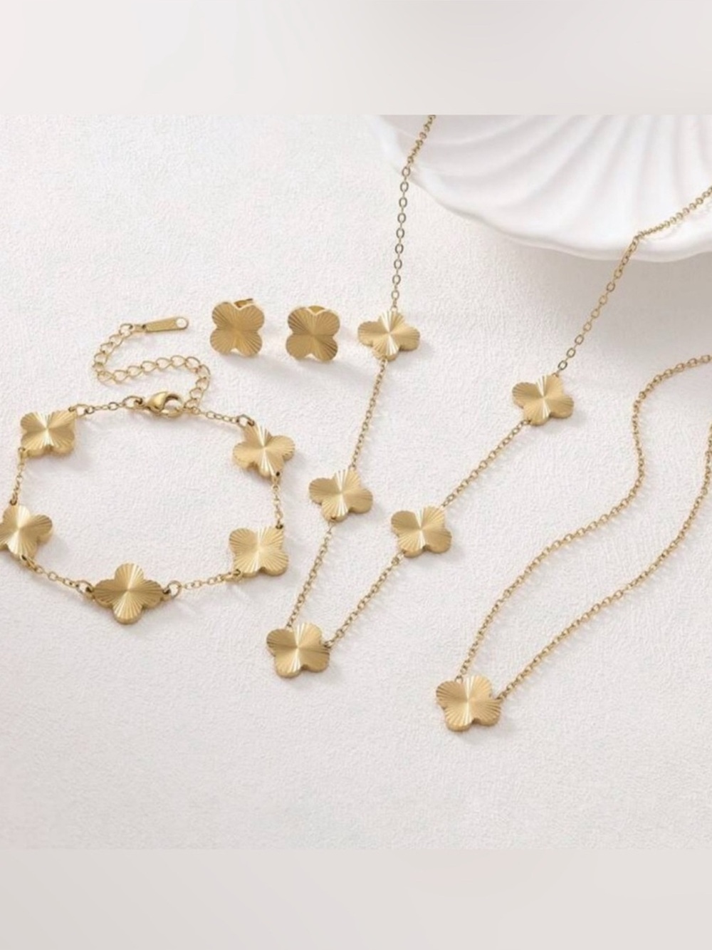 Gold Plated Stainless Steel Clover Necklace, Bracelet & Earring Set – 4-Piece
